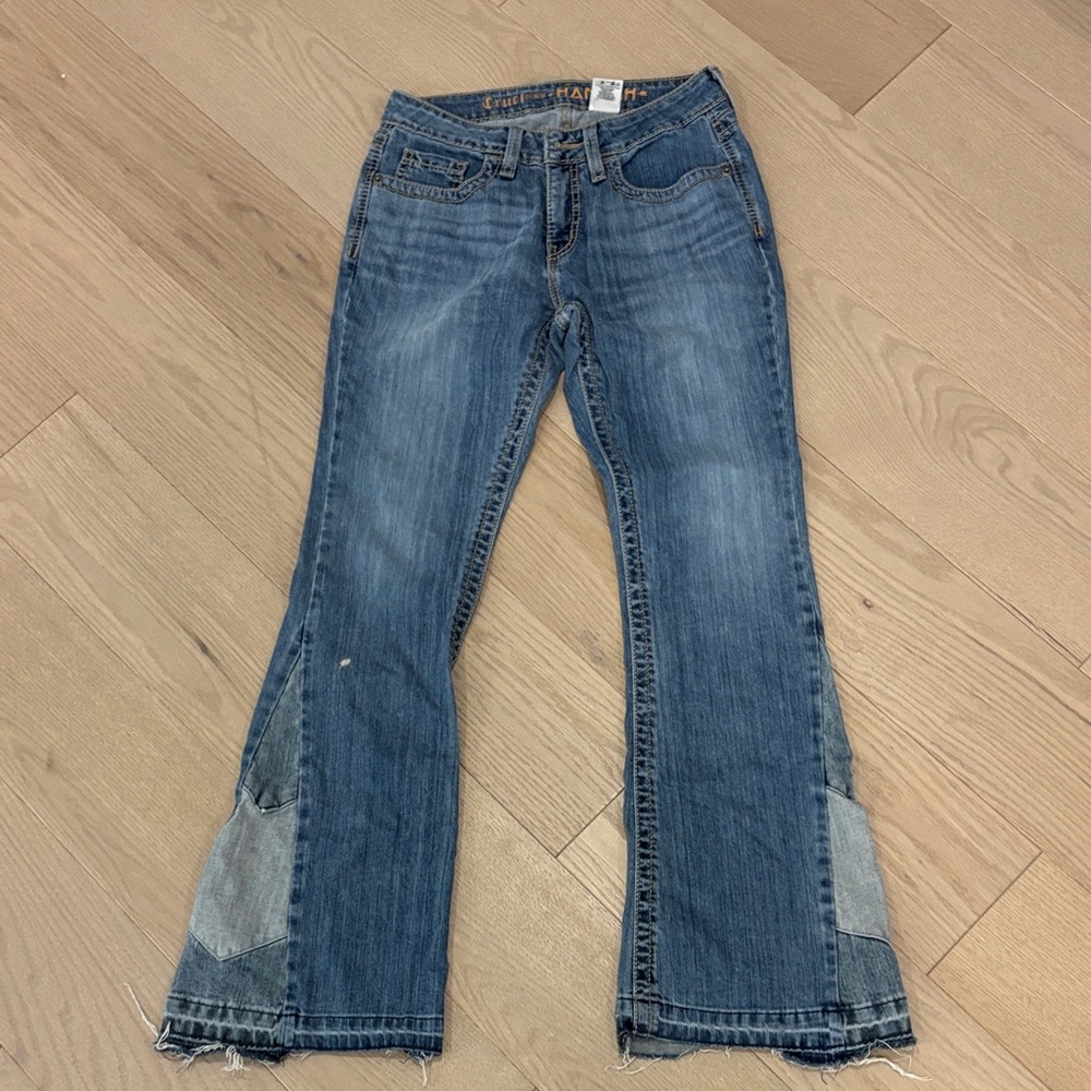 Cruel Girl Blue Flare Jeans tonal cut out on side of leg